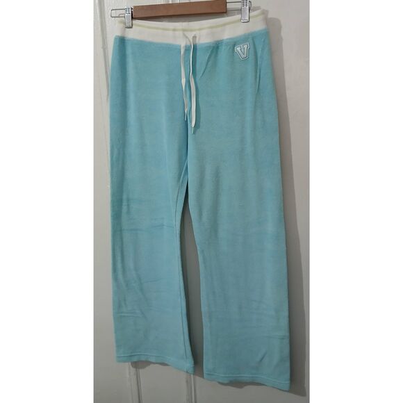 Y2k Victoria secret womens small wide leg flare blue velour sweatpants - Picture 1 of 7